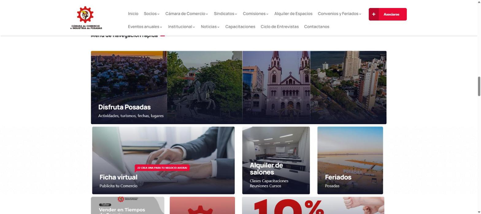 Menú de navegación rápida: Disfruta Posadas, ficha virtual, alquiler de salones, feriados y más.