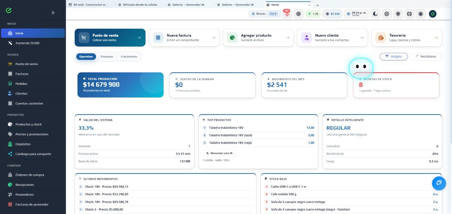 Panel de SUSBI OS, sistema de gestión con IA creado por Graphimates